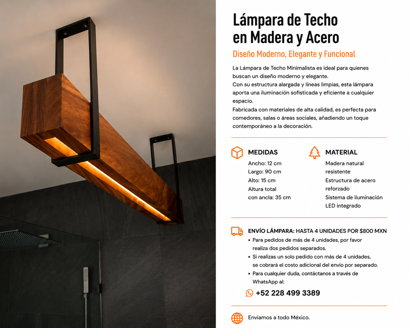Lámpara de Techo en Madera y Acero - Image 2